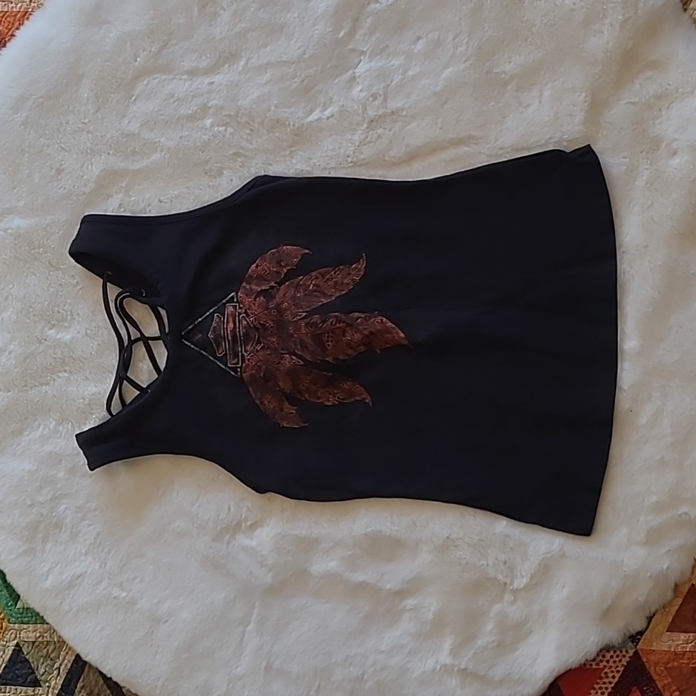 Harley Davidson Black Feathers Graphic Sexy Corset Lace Up Back Biker Moto Top